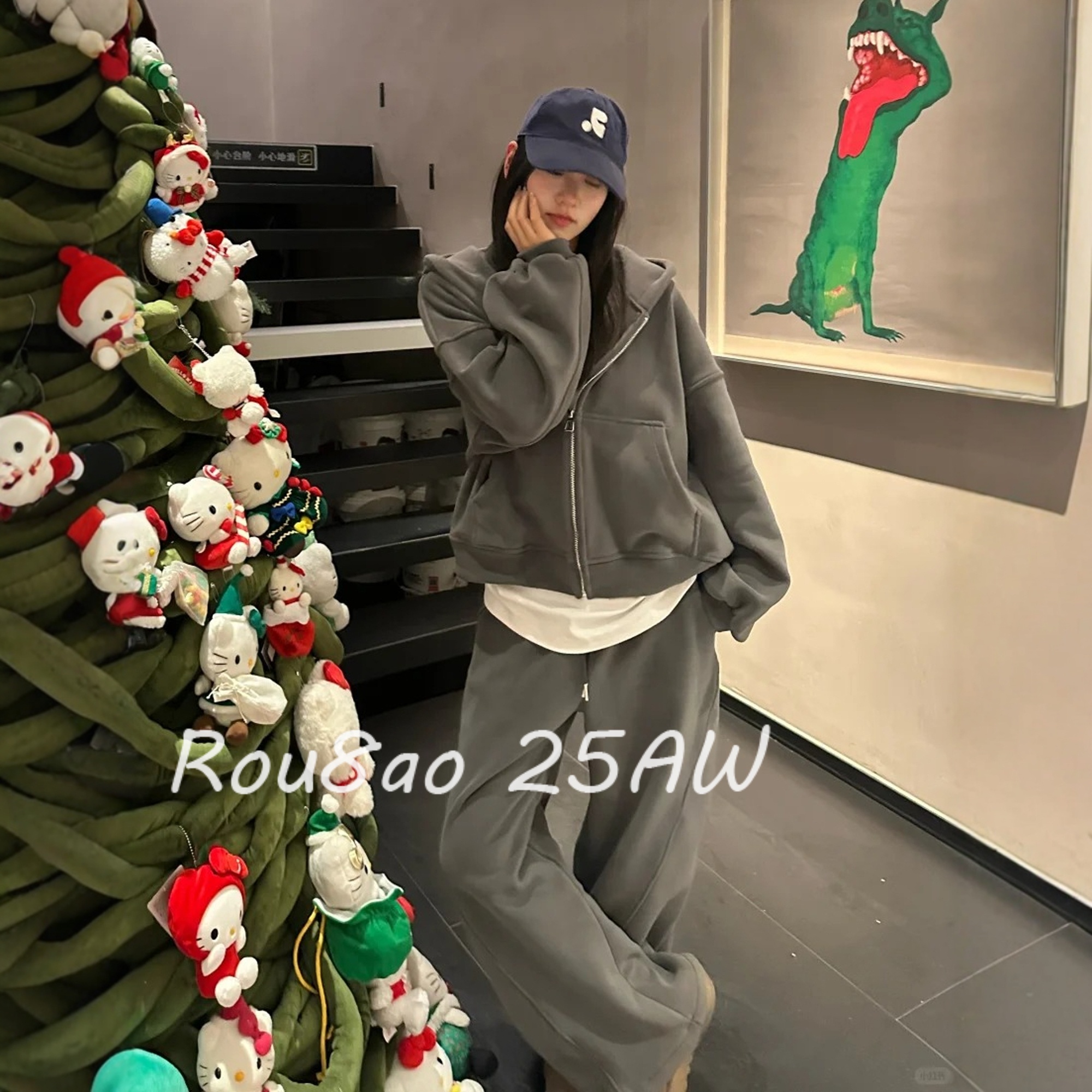 大码复古加厚连帽卫衣潮流套装