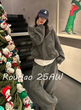 Rou8ao微胖大码女装复古加厚连帽卫衣女外套+阔腿裤+白色T恤套装