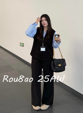 Rou8ao微胖大码女装早春假两件针织马甲拼接衬衫宽松阔腿裤两件套