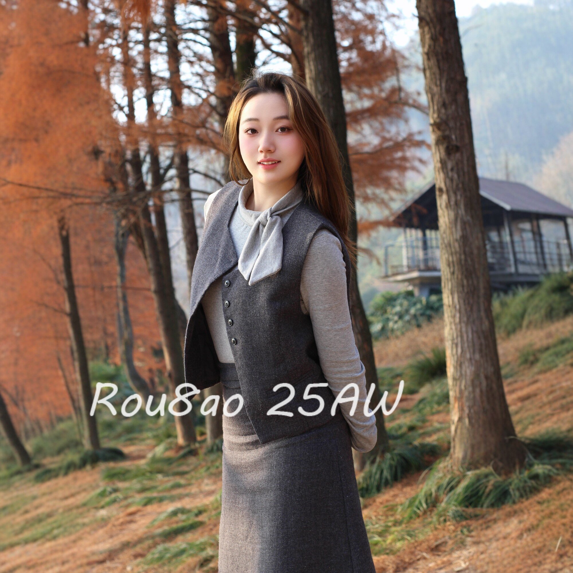 Rou8ao微胖大码女装法式气质设计感长袖+马甲+高腰半身裙三件套装