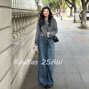 女韩系穿搭翻领拼接蕾丝长袖 Rou8ao微胖大码 新款 秋季 毛衣上衣 女装