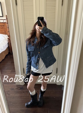 Rou8ao微胖大码女装高级感蓝色提花牛仔外套女宽松显瘦长袖上衣