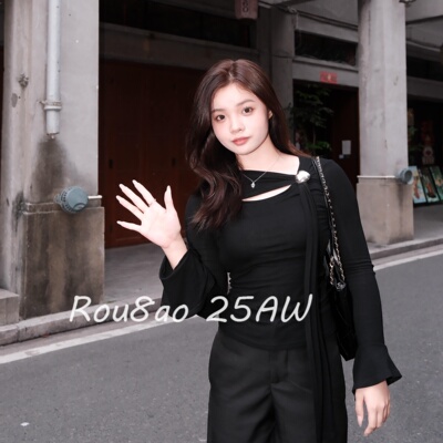 Rou8ao微胖大码女装韩系百搭飘带设计感长袖T恤早春修身显瘦上衣