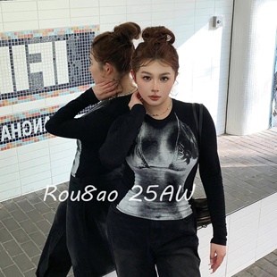 辣妹独特潮流印花上衣女街头修身 美式 打底T恤 女装 Rou8ao微胖大码