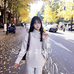 Rou8ao微胖大码女装韩式慵懒风高领毛衣女宽松套头针织衫长袖上衣