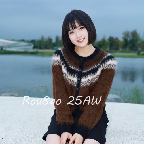 Rou8ao微胖大码女装复古费尔岛提花刺绣毛衣外套女气质显瘦针织衫