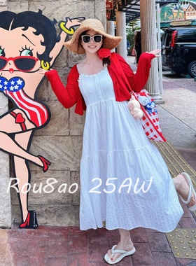 Rou8ao微胖大码女装法式纯欲高级感红色开衫白色掐腰吊带裙两件套