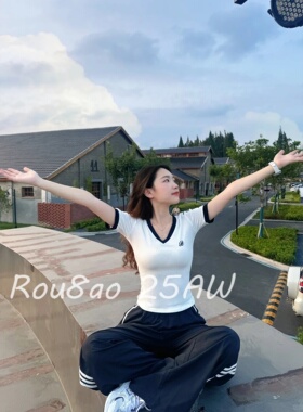 Rou8ao微胖大码女装美式V领短袖T恤阔腿裤两件套女2026夏显瘦套装