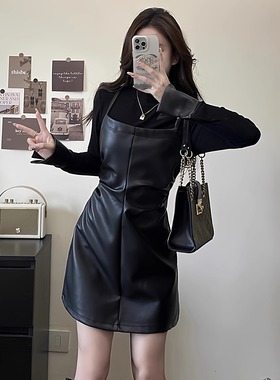 大码微胖MM女装辣妹假两件拼PU皮掐腰裙秋季新款喇叭袖显瘦连衣裙