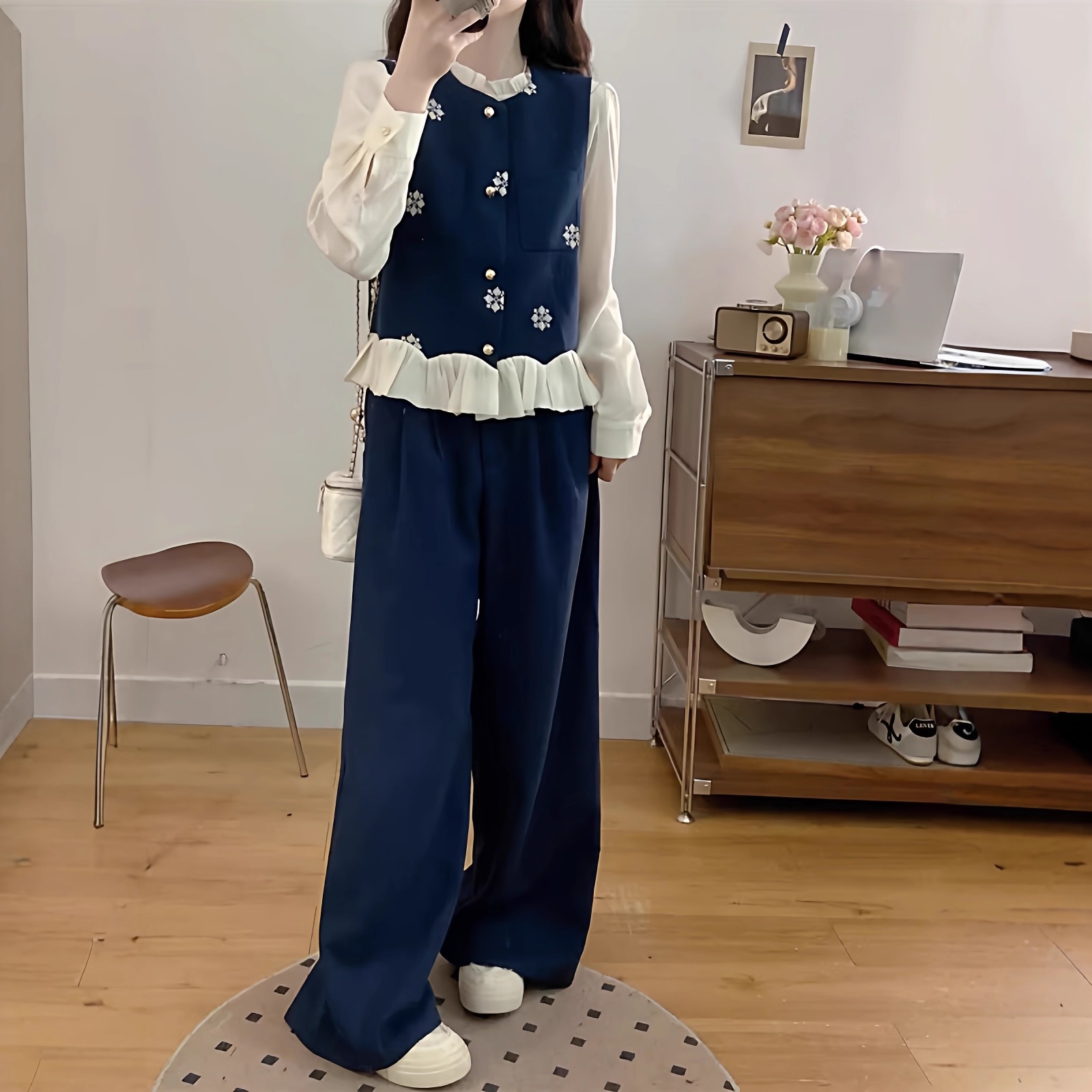 大码马甲衬衣阔腿裤三件套