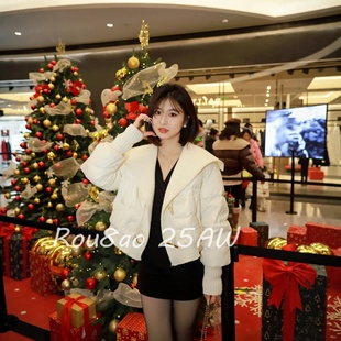 Rou8ao微胖大码女装韩系甜美风羊角扣针织拼接棉服棉衣短款外套女