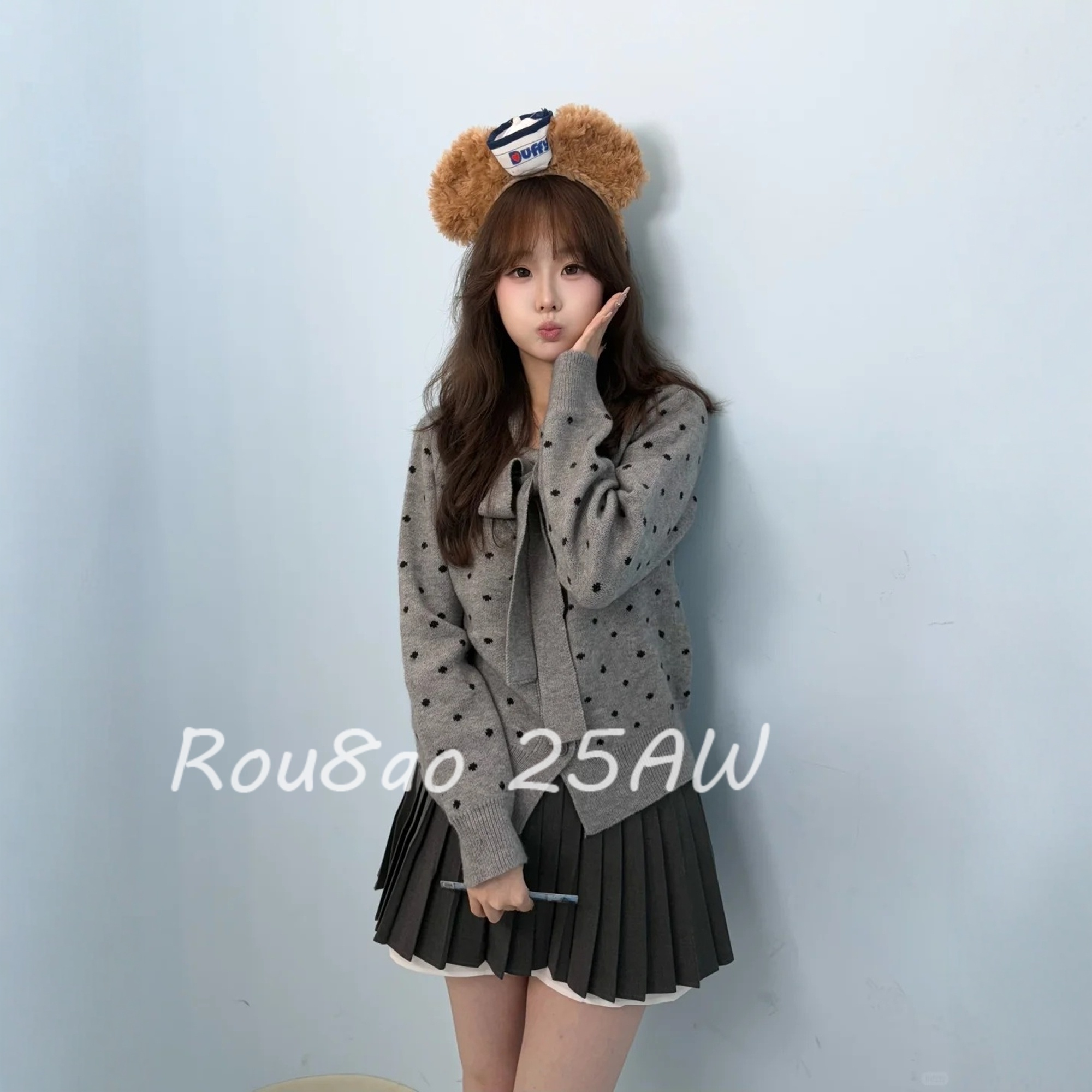 大码甜美风波点蝴蝶结系带毛衣