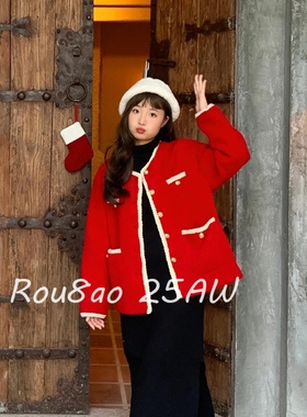Rou8ao微胖大码女装红色小香风外套冬设计感短款撞色长袖宽松上衣