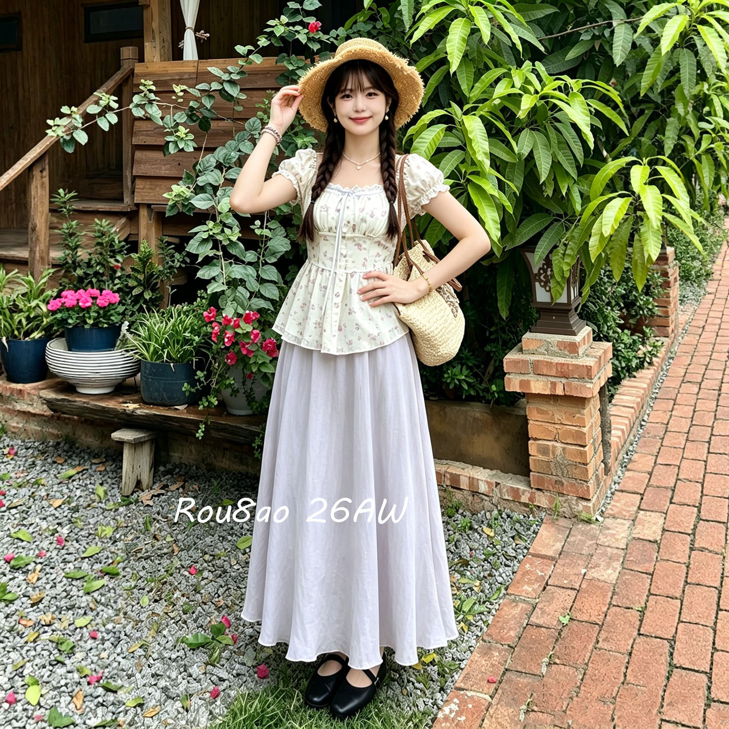 Rou8ao微胖大码甜美风泡泡袖方领上衣+半身裙2026夏季两件套套裙