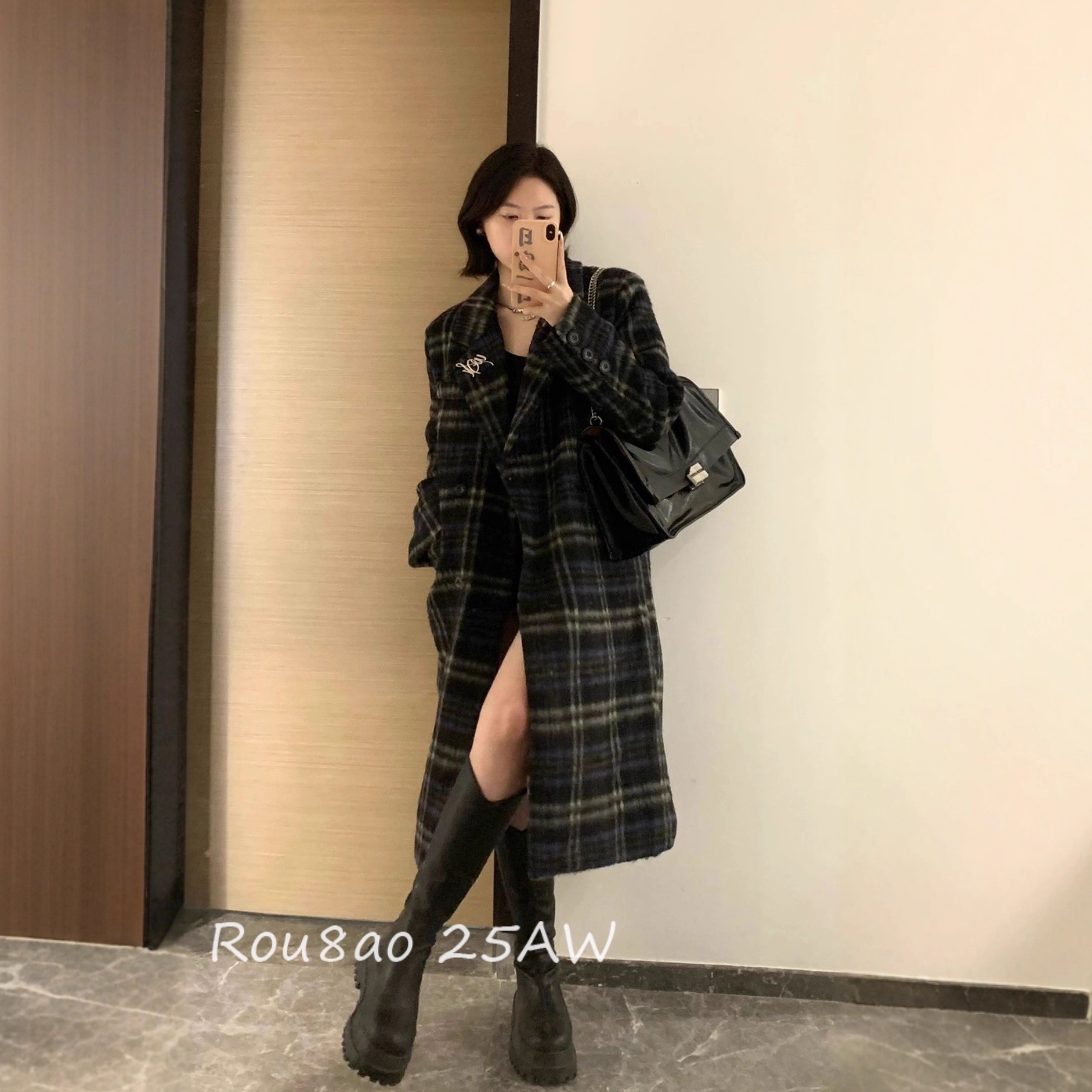 大码韩系设计感撞色格纹翻领毛呢