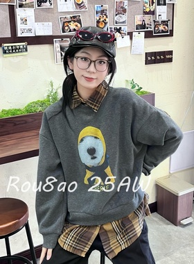 Rou8ao微胖大码女装美式复古卡通印花套头卫衣宽松减龄百搭上衣