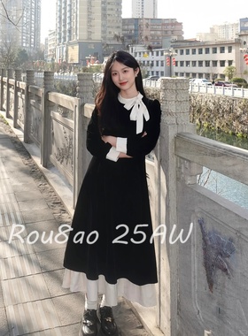 Rou8ao微胖大码女装法式千金风撞色蝴蝶结连衣裙女黑色显瘦小黑裙