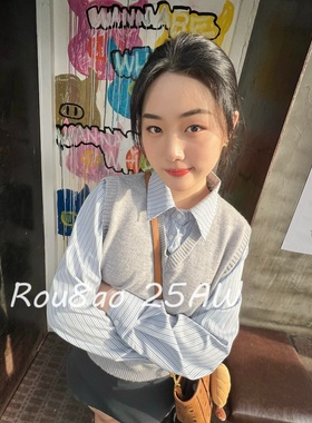 Rou8ao微胖大码女装灰色假两件拼接条纹衬衫内搭叠穿针织马甲上衣