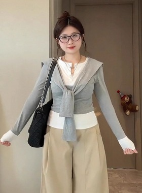 大码女装胖mm韩系氛围感穿搭灰色长袖T恤女秋季新款披肩外搭叠穿
