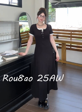 Rou8ao微胖大码女装2026夏纯欲风黑色显瘦假两件设计感针织连衣裙