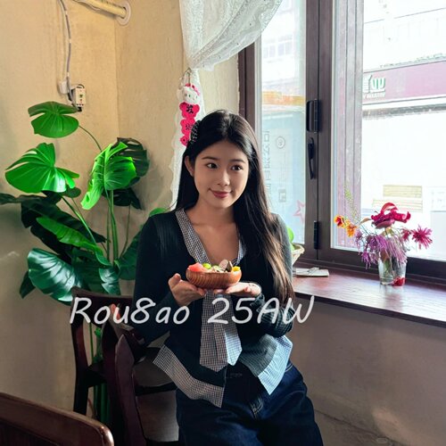 Rou8ao微胖大码女装韩系蝴蝶结假两件针织衫女2026春显瘦减龄上衣