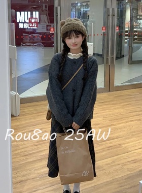 Rou8ao微胖大码女装韩系慵懒灰色毛衣复古格纹毛呢半身裙两件套装