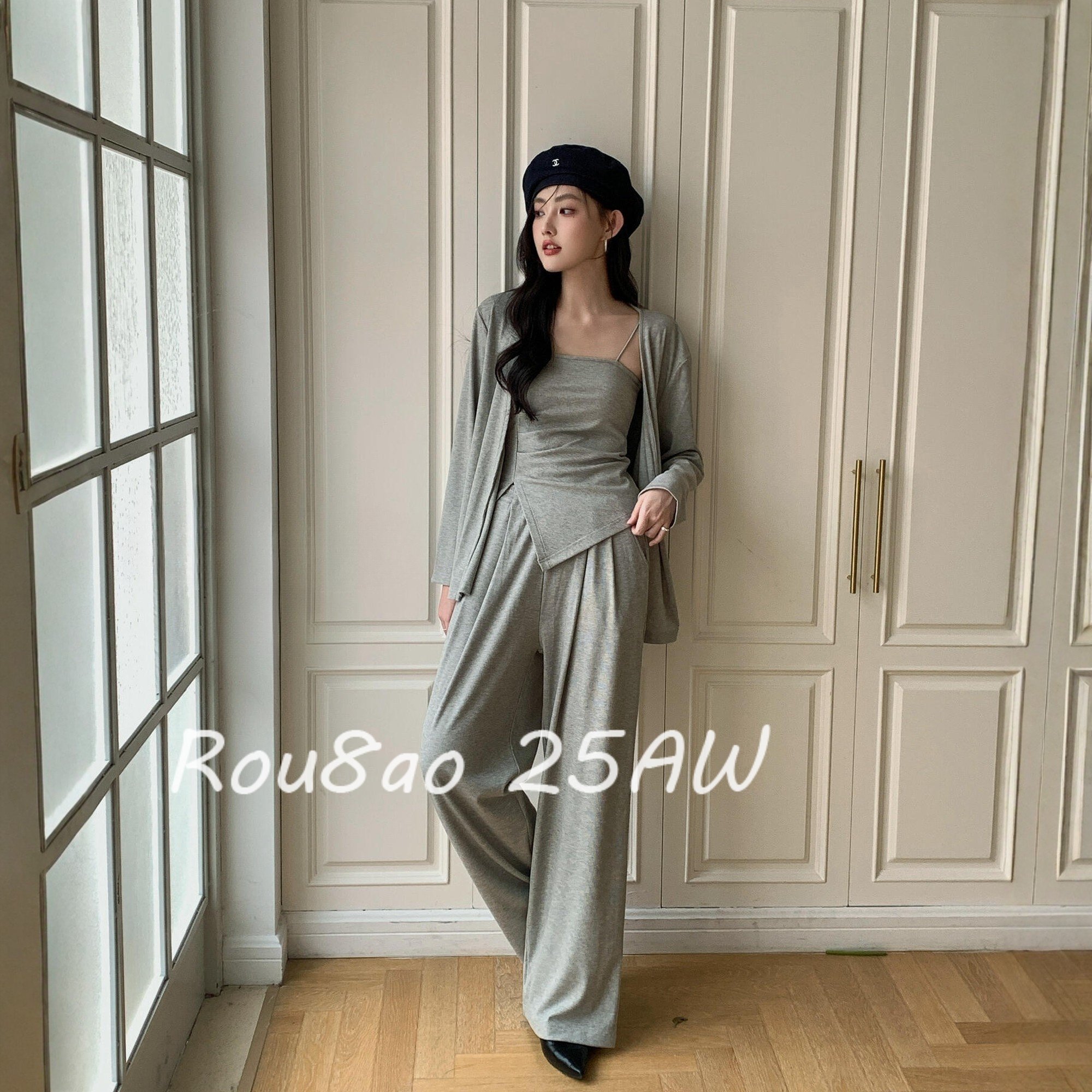 Rou8ao微胖大码女装休闲显瘦套装不规则内搭吊带开衫阔腿裤三件套,女装/女士精品,大码套装,淘宝优惠券,粉丝福利购,淘宝优惠卷