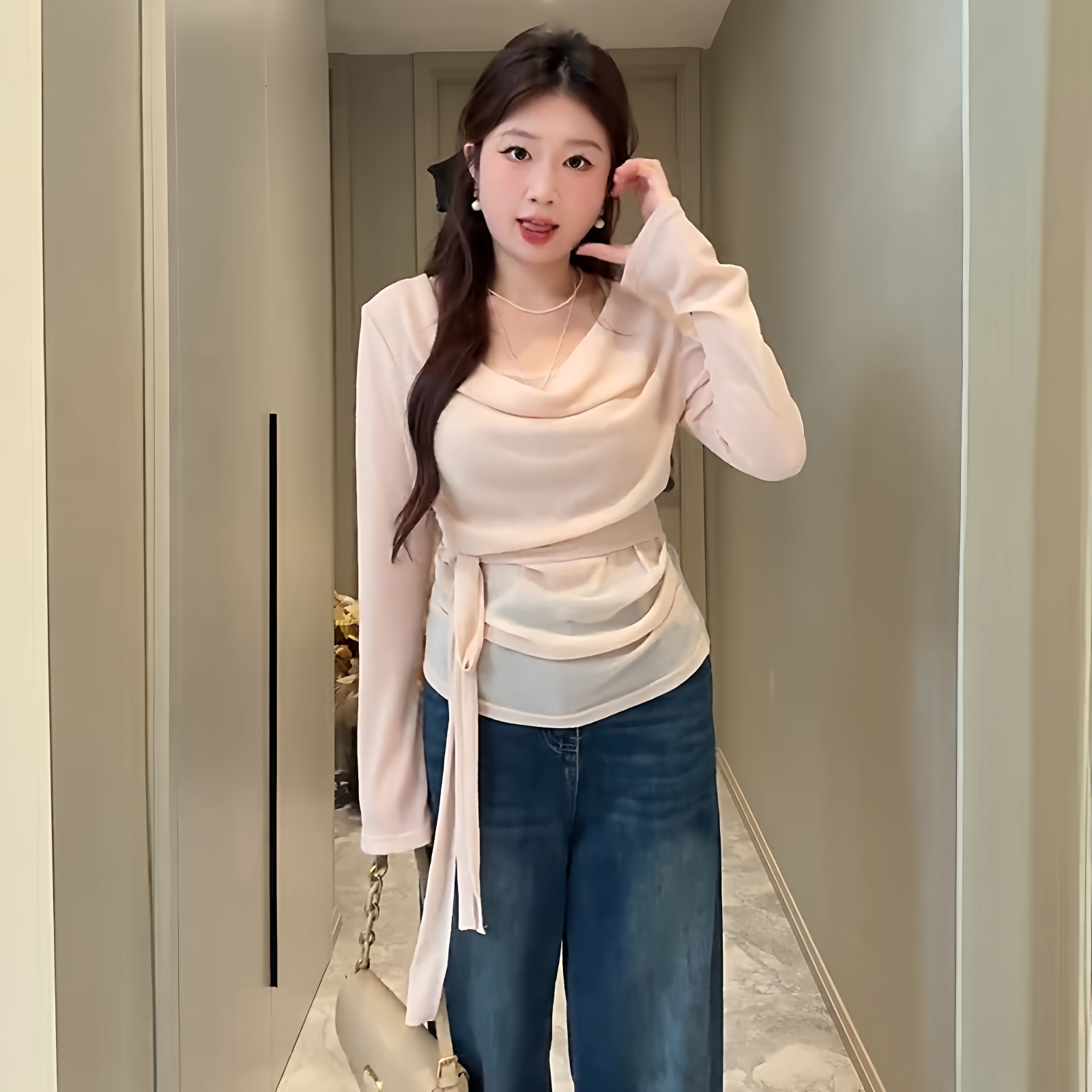 大码温柔风荡领假两件上衣女