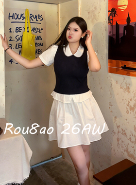 Rou8ao微胖大码女装学院风假两件撞色上衣+半裙2026夏季时尚套装