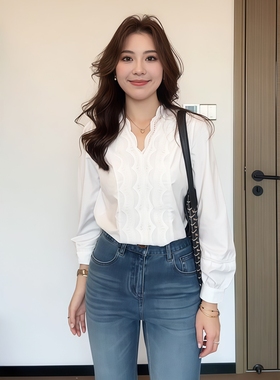 大码法式V领蕾丝白色衬衫女秋季微胖MM显瘦气质小众设计内搭上衣