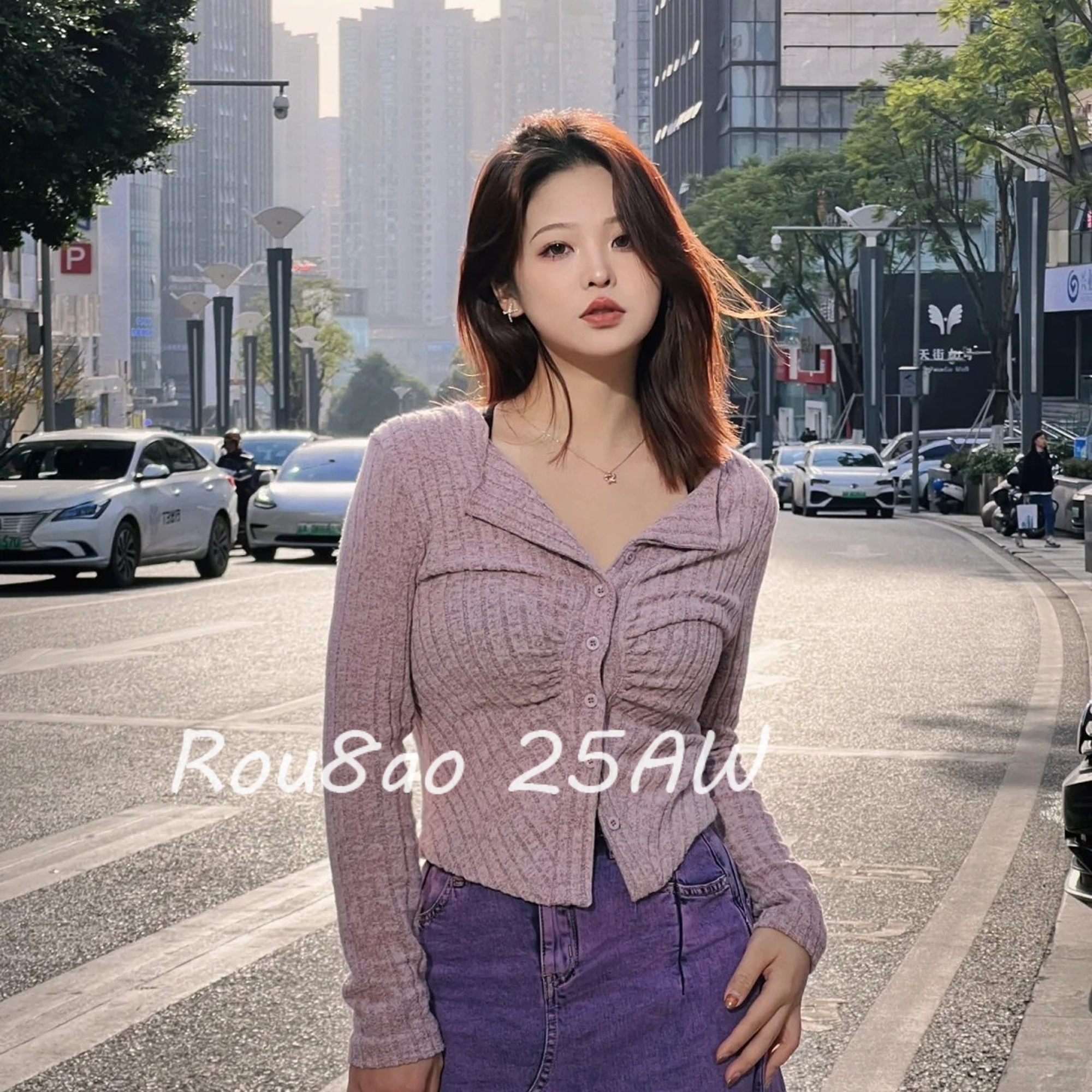 纯欲风翻领长袖针织开衫显瘦上衣