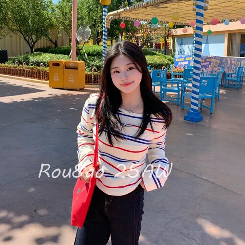 Rou8ao微胖大码女装韩系撞色条纹斜肩长袖T恤2026春露肩显瘦上衣