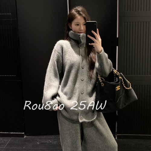 Rou8ao微胖大码女装韩系冷淡系灰色高级感针织毛衣阔腿裤两件套