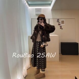 Rou8ao微胖大码女装韩系复古碎花毛呢八分阔腿裤女加绒加厚休闲裤