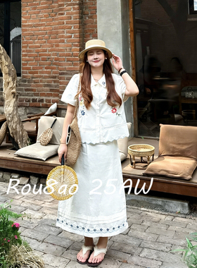 Rou8ao微胖大码女装娃娃领刺绣两件套显瘦减龄洋气通勤套装2026夏