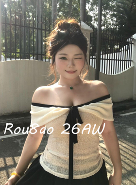 Rou8ao微胖大码女装纯欲系带一字肩针织衫女2026夏蝴蝶结气质上衣
