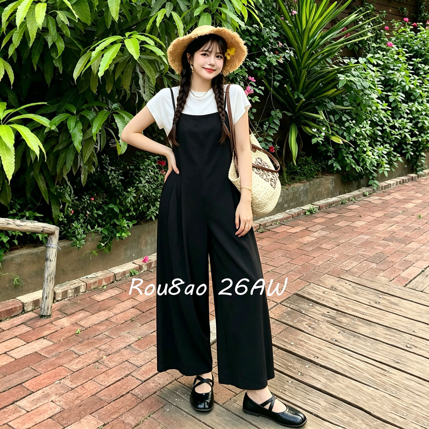 Rou8ao微胖大码女装慵懒风简约休闲宽松背带裤夏上新时尚显瘦裤子