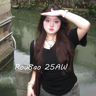 t恤2026夏胖MM遮肉显瘦正肩上衣 微胖休闲短袖 Rou8ao微胖大码 女装