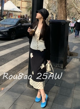Rou8ao微胖大码女装韩版假两件波点烧花半身裙2025显瘦百搭中长裙