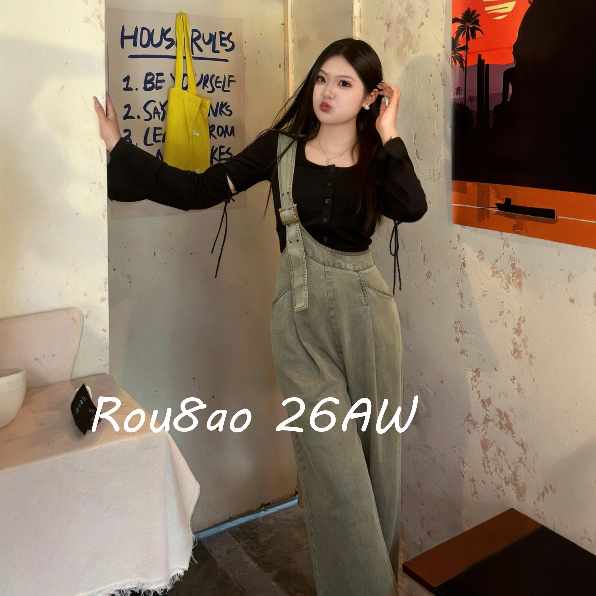 Rou8ao大码女装可拆卸短袖上衣+单肩背带裤2026夏时尚胖MM两件套