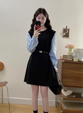 女装大码法式赫本风黑色假两件衬衫针织连衣裙子女2025新款高级感