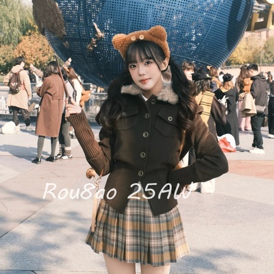 复古松茶可可高级感棕色毛领外套