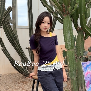 T恤2026夏高级感小众上衣 假两件撞色斜肩短袖 Rou8ao微胖大码 女装