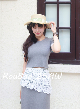 Rou8ao微胖大码女装裙花边拼接短袖T+假两件蕾丝拼接半身裙两件套