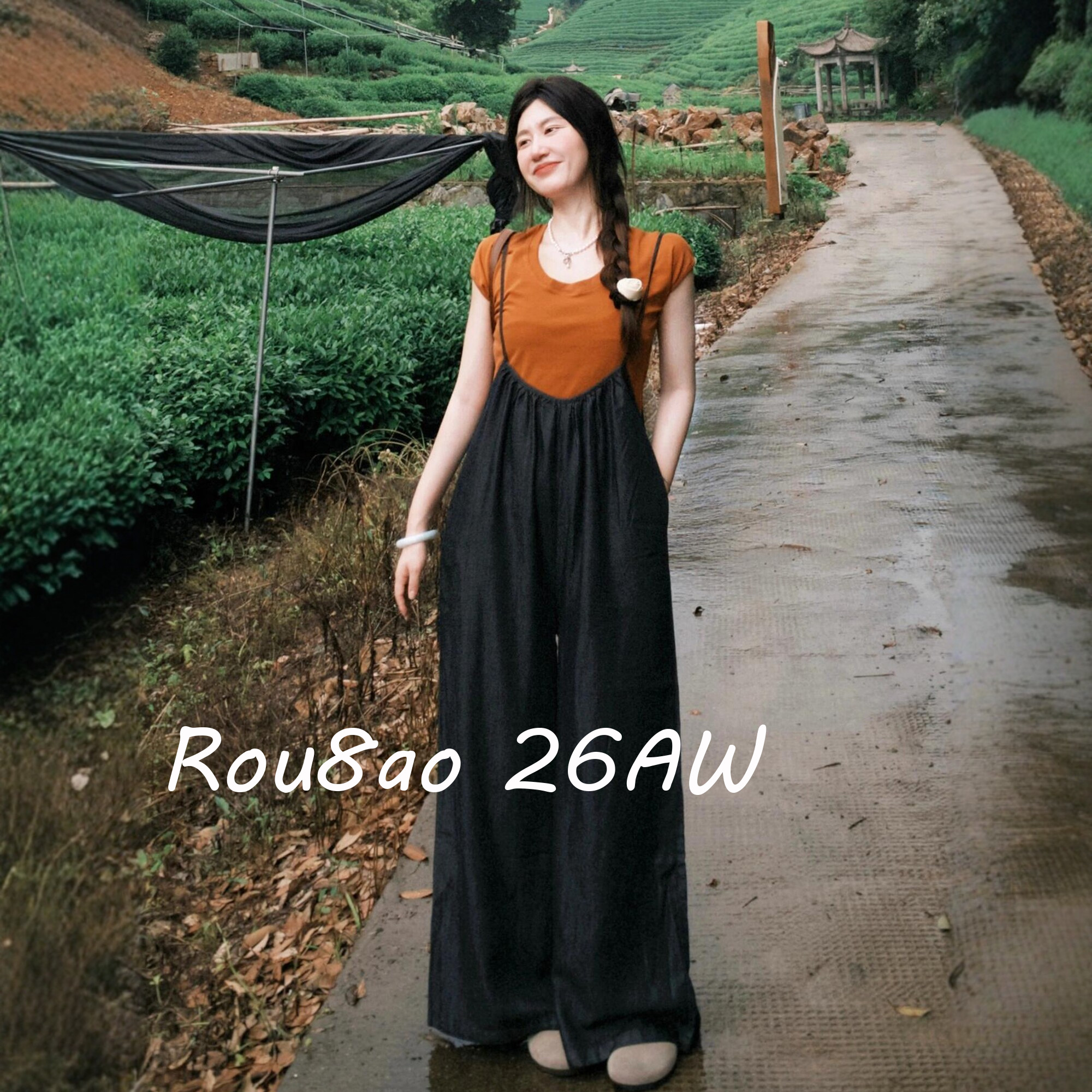 Rou8ao微胖大码女装慵懒风圆领T恤+背带阔腿裤2026夏季时尚两件套