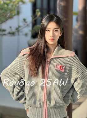 Rou8ao微胖大码女装韩版灰色毛衣慵懒风港味复古chic上衣针织外套