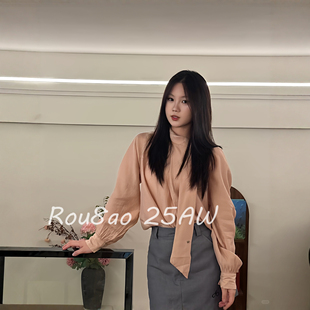 复古飘带领衬衫 韩式 女秋冬通勤风气质显瘦上衣 女装 Rou8ao微胖大码