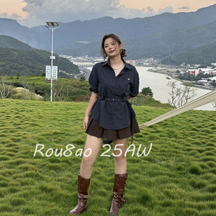 女2026春长袖 Rou8ao微胖大码 风条纹衬衫 法式 收腰系带显瘦上衣 女装