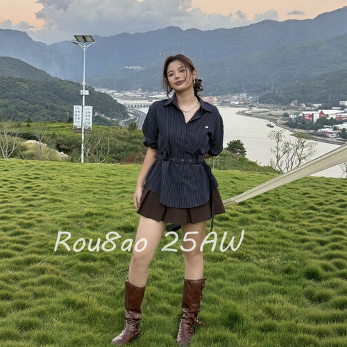 Rou8ao微胖大码女装法式风条纹衬衫女2026春长袖收腰系带显瘦上衣