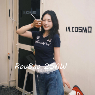 T恤微胖mm蕾丝拼接收腰上衣 甜辣风设计感短袖 Rou8ao微胖大码 女装